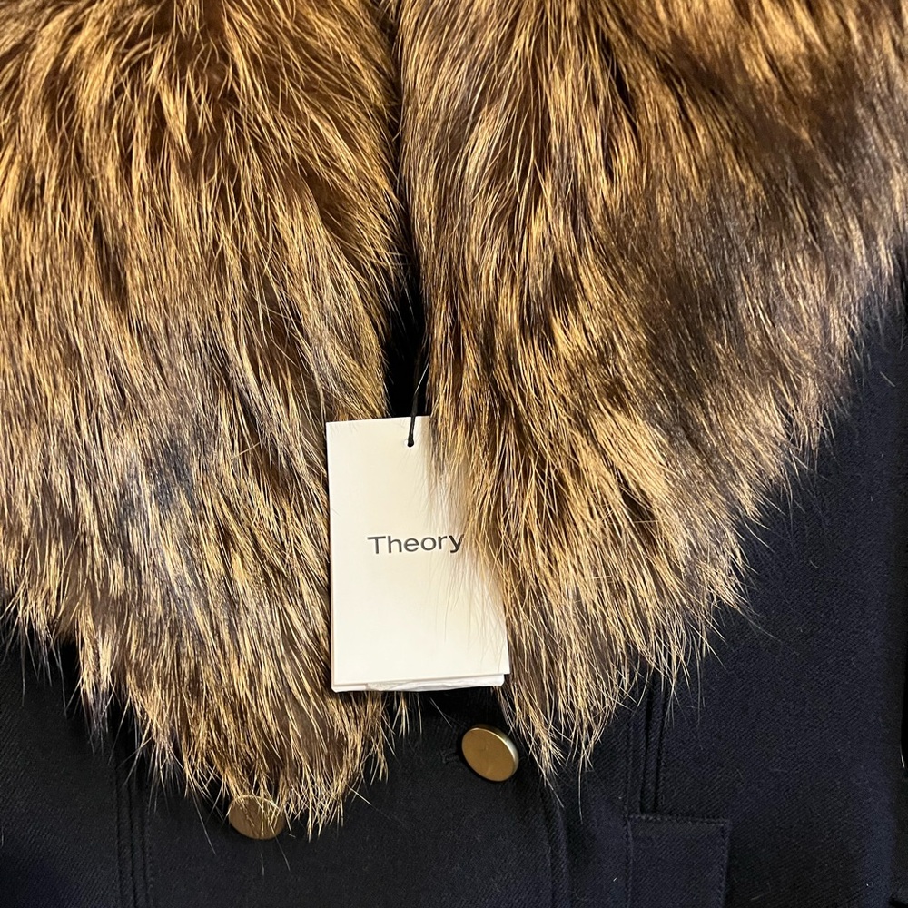 TheoryBrand . Navy winter coat with fur. Beautiful gold buttons . With belt
